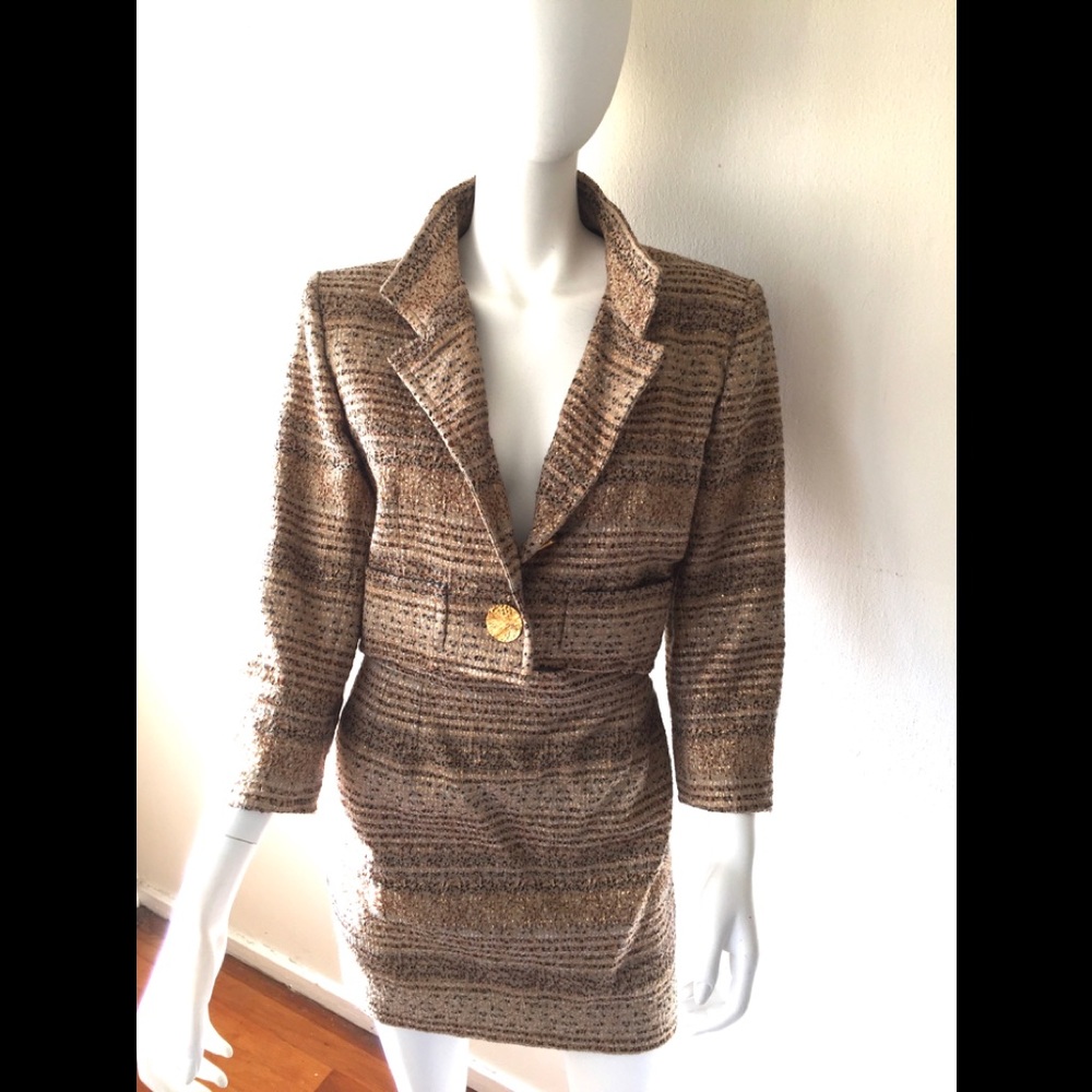 Pristine VTG YSL rive gauche mini skirt suit in earth tones w/bold gold buttons - Picture 2 of 16